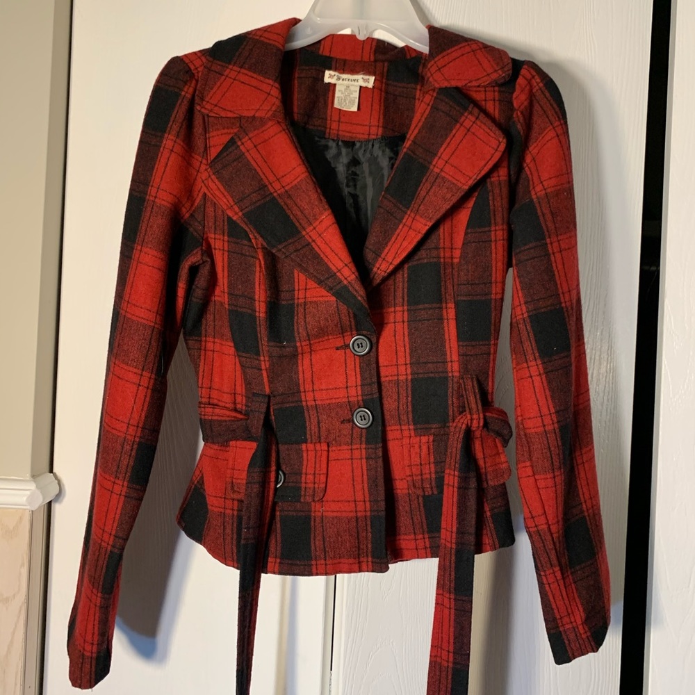 red and black plaid wool jacket